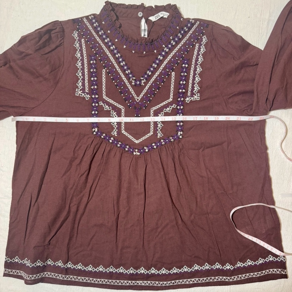 Zara Embroidered & Beaded Long-Sleeve Tunic - Brown with White & Purple Accents - Picture 9 of 13